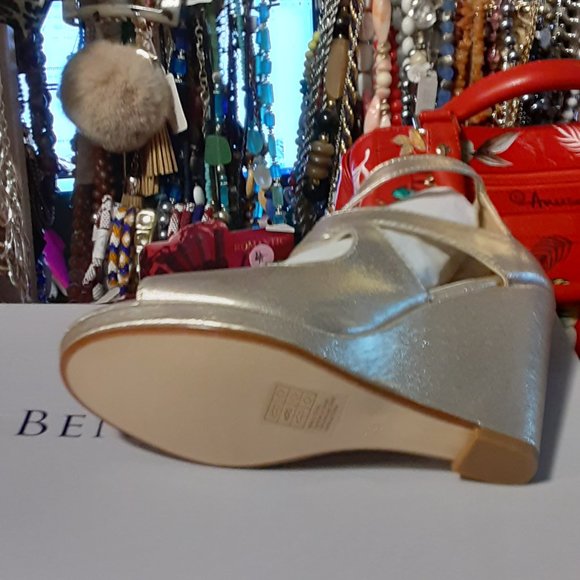 BENJAMIN WALK GOLD METALIC WEDGE PEEP TOE STRAP SANDALS - Picture 5 of 6